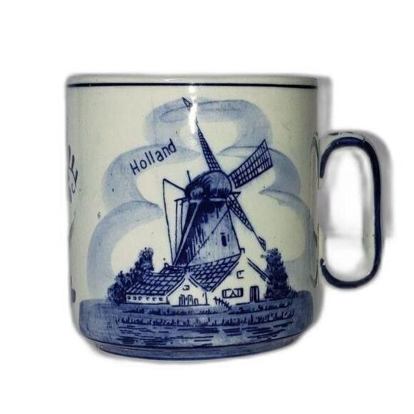 Vintage Delft Blue Mug Holland Windmill Floral Handpainted Ceramic Cup 686 Dutch - Picture 1 of 6